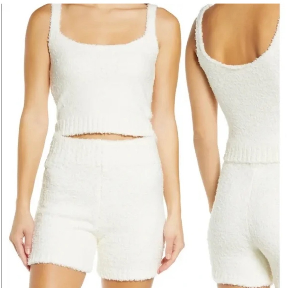 Skims Cozy White Knit Tank and Shorts Set
